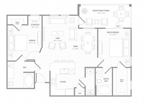 Floor plan for 2 beds, 2 baths, 1063 sqft